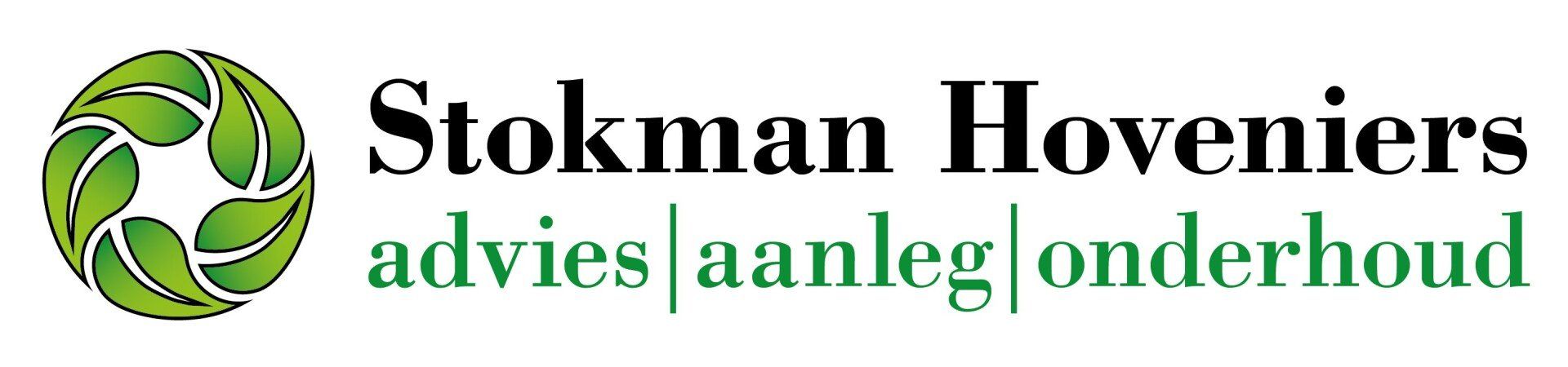 Logo voor Stokman Hoveniers, een hoveniersbedrijf, met een bladsymbool en de volgende diensten: advies, tuinontwerp en onderhoud.