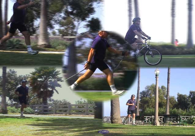 A collage of images shows a man running and a man riding a bike