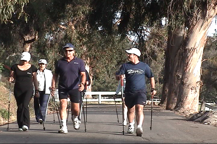 A group of people are walking down a path with walking poles