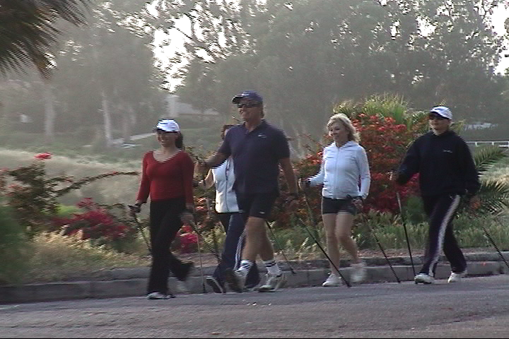 A group of people are walking down a street with walking poles