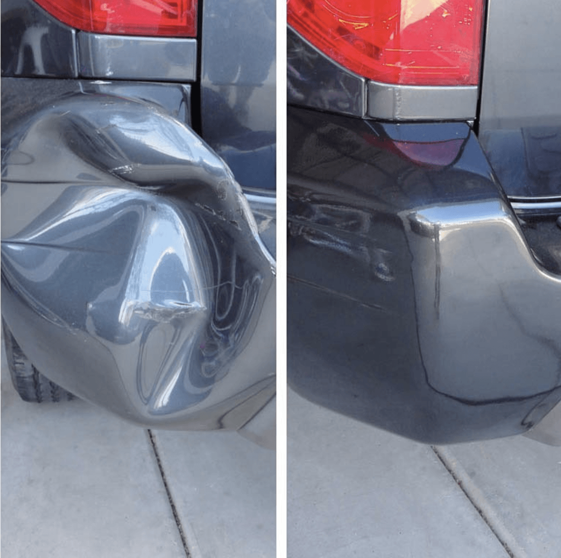 Before and after bumper repair of crushed in bumper. completely repaired and repainted by Charleston Dent Company in Mt. Pleasant, SC