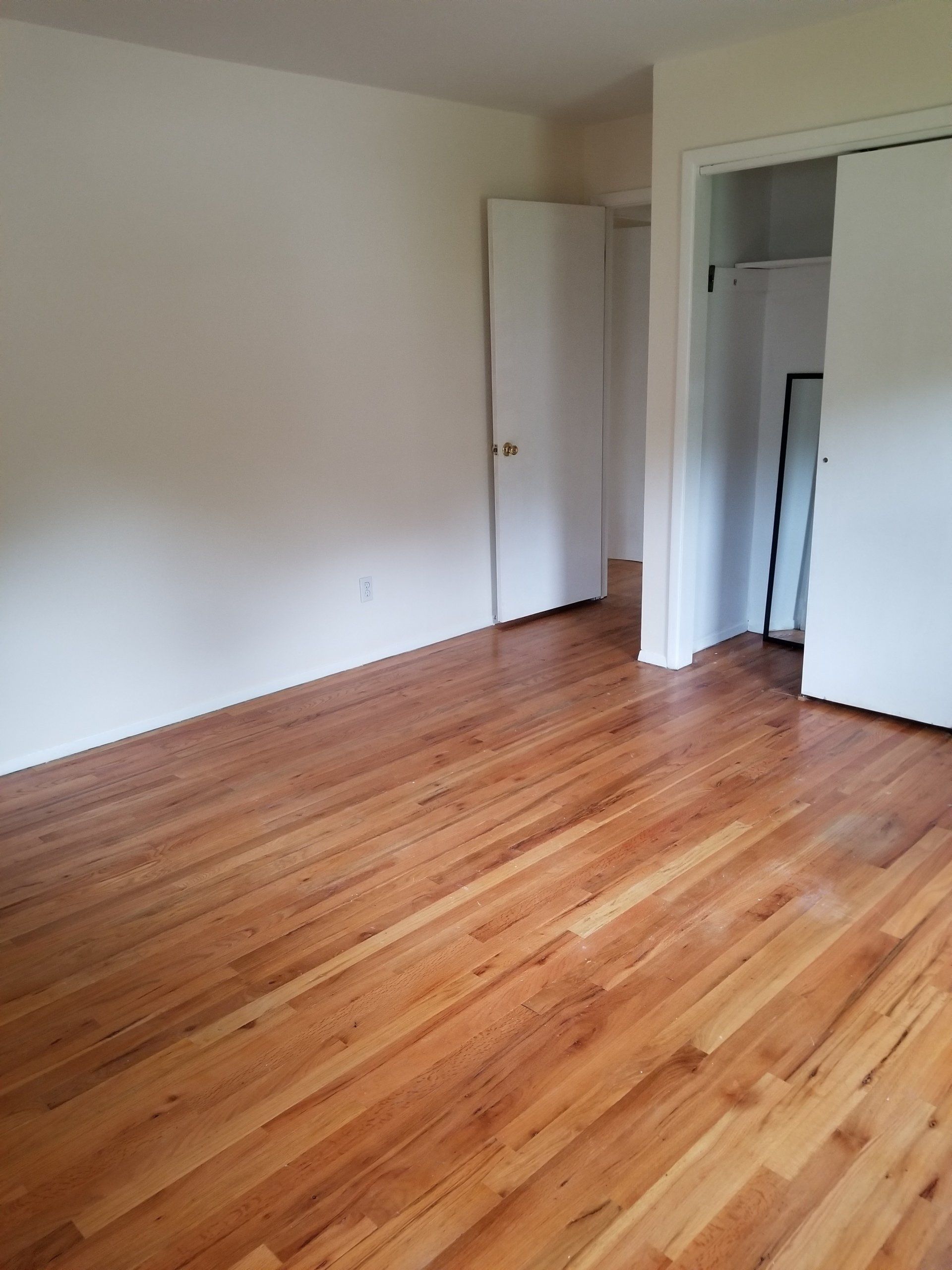 An empty room featuring light-colored walls and polished hardwood floors, with an open door and a closet entrance.