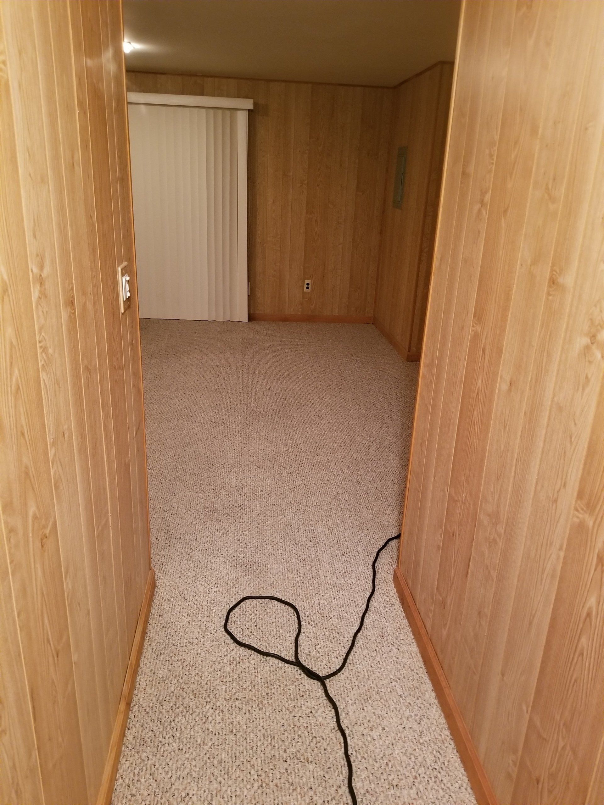 A hallway with light wood-paneled walls leads to a room with light patterned carpet and a sliding glass door with blinds.