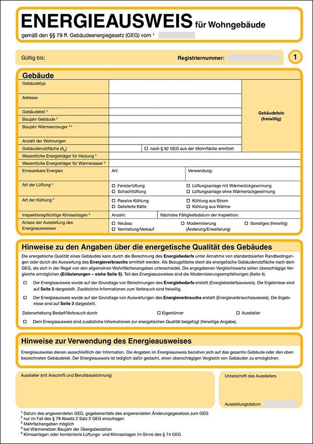 Formular für den deutschen Energieausweis für Wohngebäude.