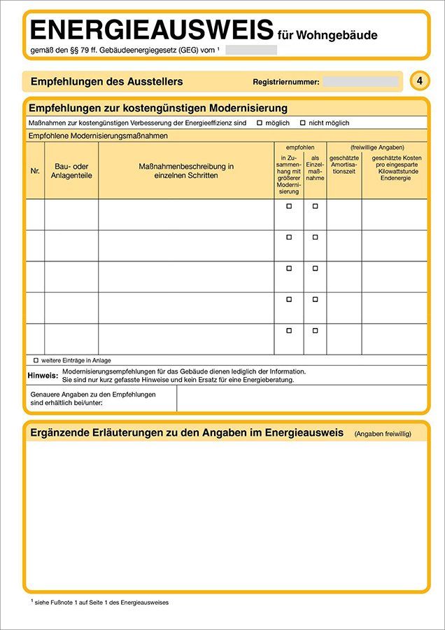 Energieausweis für Wohngebäude mit leerer Empfehlungstabelle.