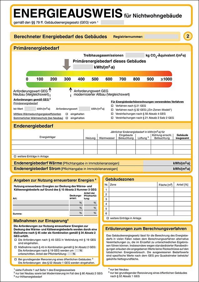 Energieausweis für Gebäude mit einer Energieeffizienzskala von grün bis rot und Datentabellen.