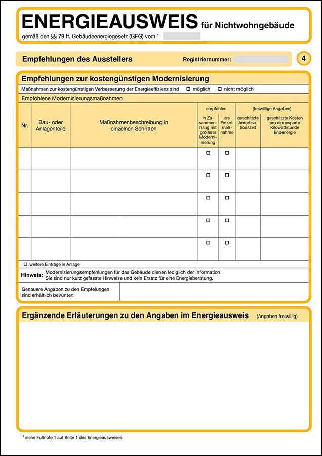 Energieausweisformular für Gebäude, mit Verbesserungsvorschlägen, Feldern für spezifische Informationen.