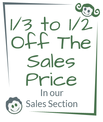 1/3 to 1/2 off the sales price in our sales section sign with green text and smiley faces
