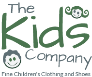 Logo for “The Kids Company” in green and gray, with smiling child faces and the tagline “Fine Children’s Clothing and Shoes”