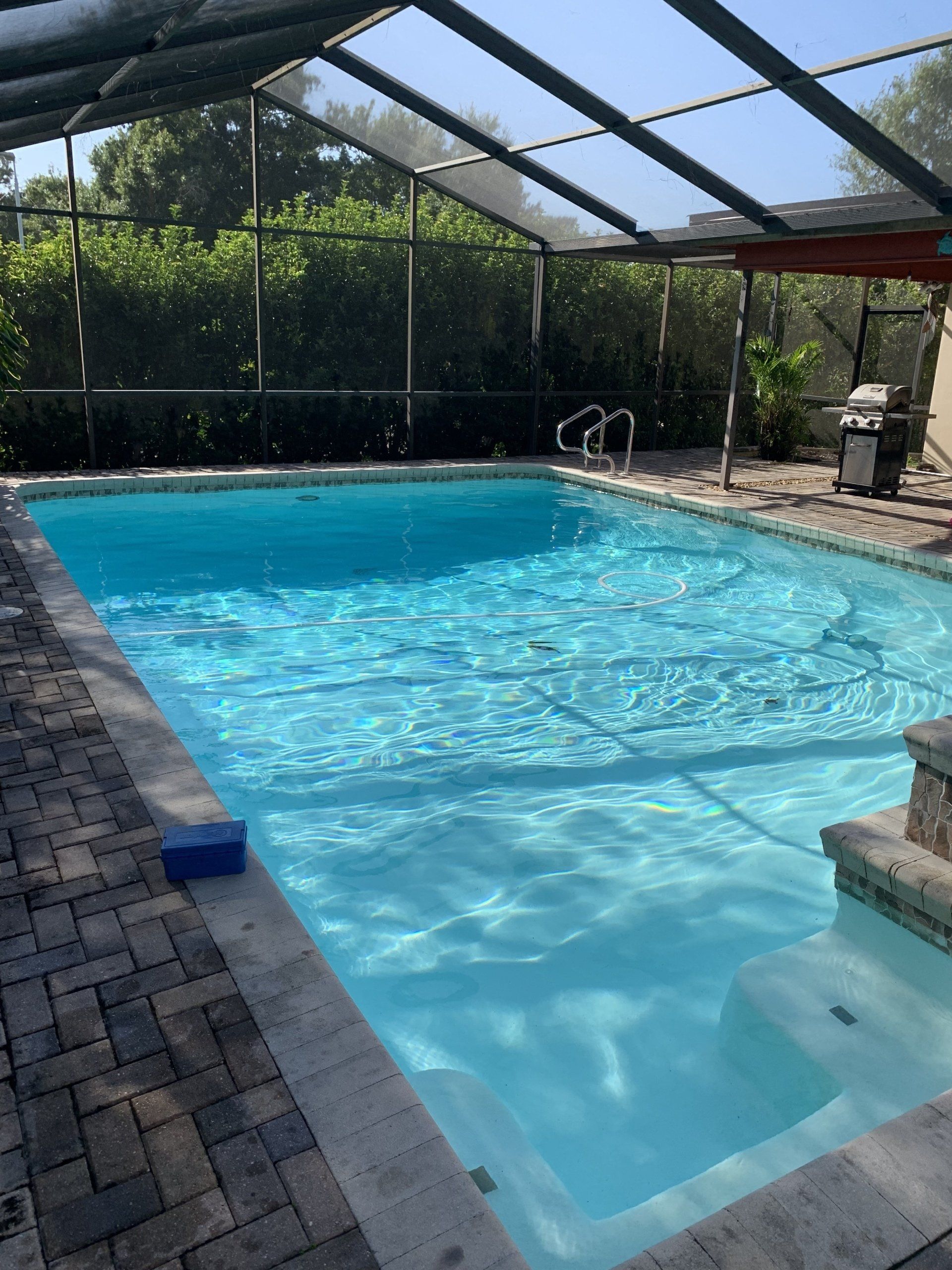 Screened outdoor swimming pool with blue water and surrounding patio area