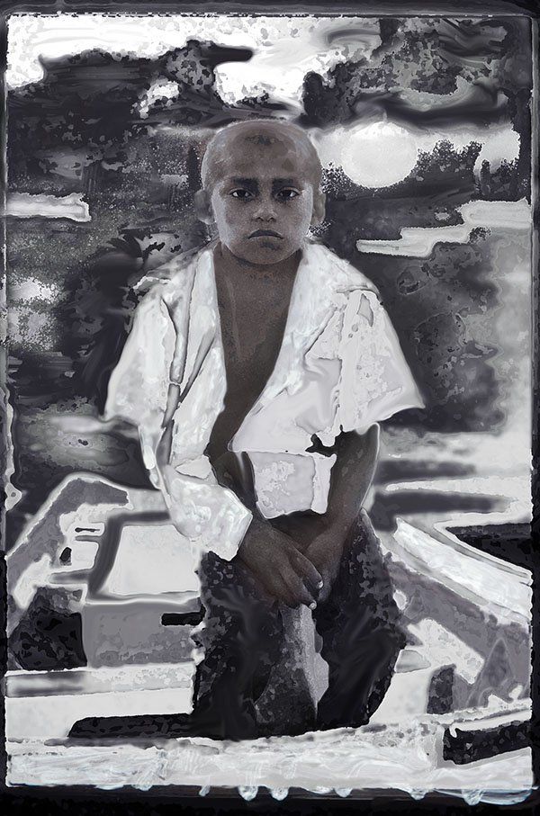 a composite image of a boy in Cozumel, Mexico. Created with paint on a b/w photo and computer manipulation.