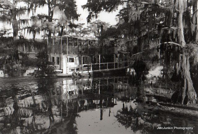 a documentary photo of a paddle wheel boat on Caddo Lake, Texas.
