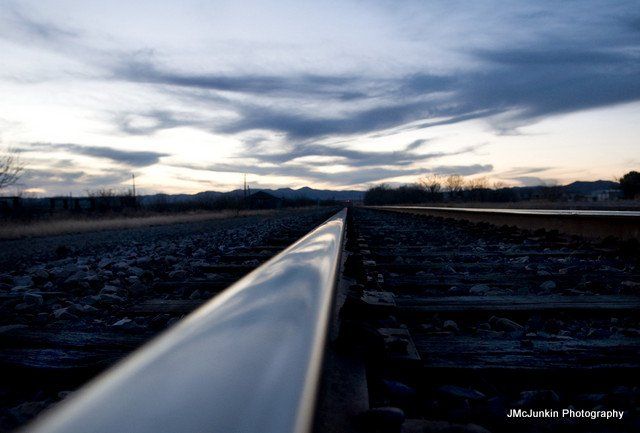 a composite image of a single railroad track in Marathon, Texas- a worms eye view with slight computer manipulation.