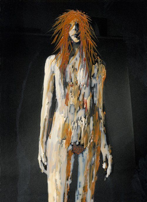 a composite image of a nude woman, created by applying acrylic paint to a b/w photograph.