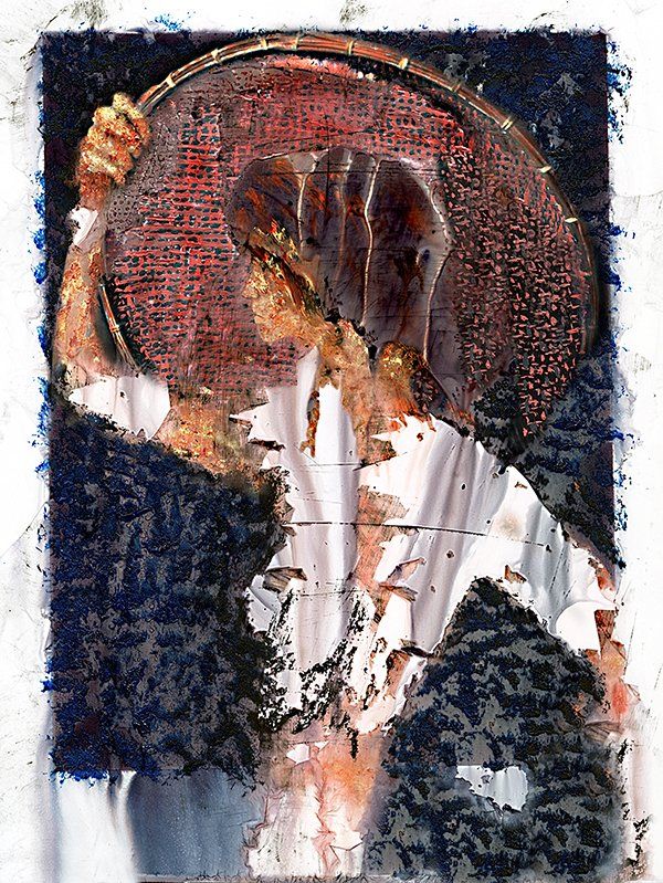 a composite image of a woman holding an oval basket, crerated by applying acrylic paint to a b/w photograph.