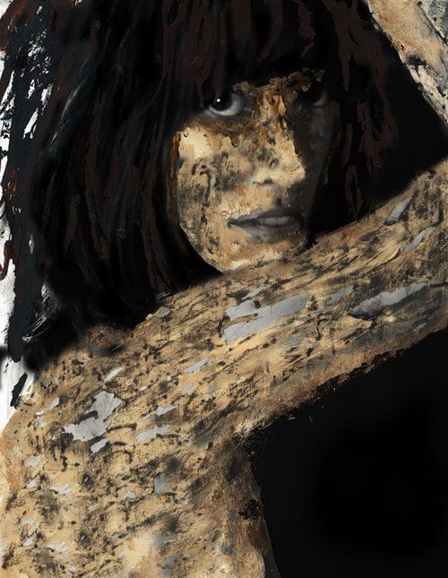 a composite image of a woman's portrait, created by applying acrylic paint to a black and white photograph.