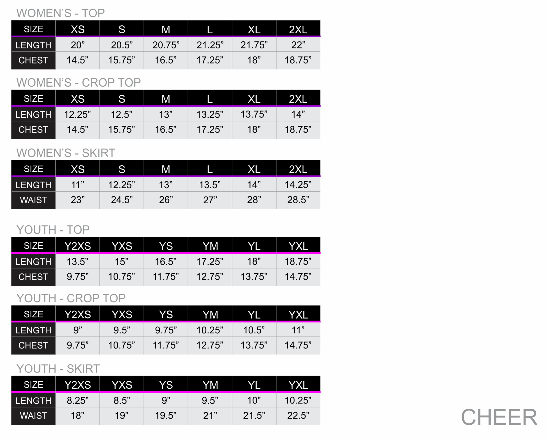 All over print cheer uniform sizing chart zexez