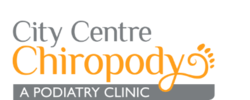 Logo for City Centre Chiropody, a podiatry clinic. It features text and a stylized footprint graphic.