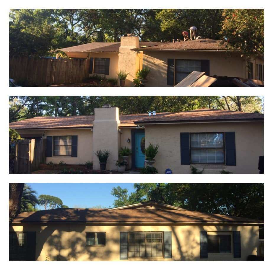 Asphalt roof replacement from Jones roofing before and after collage