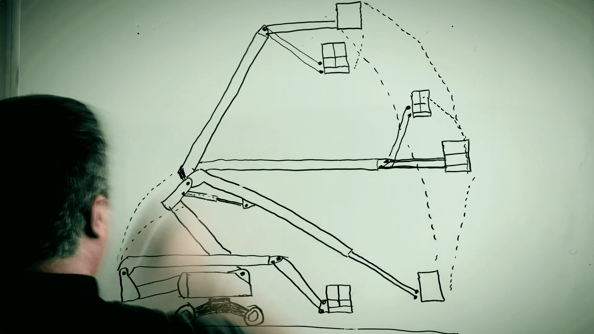 Genie Brand Film Whiteboard Lift Sketch A man is looking at a diagram on a white board