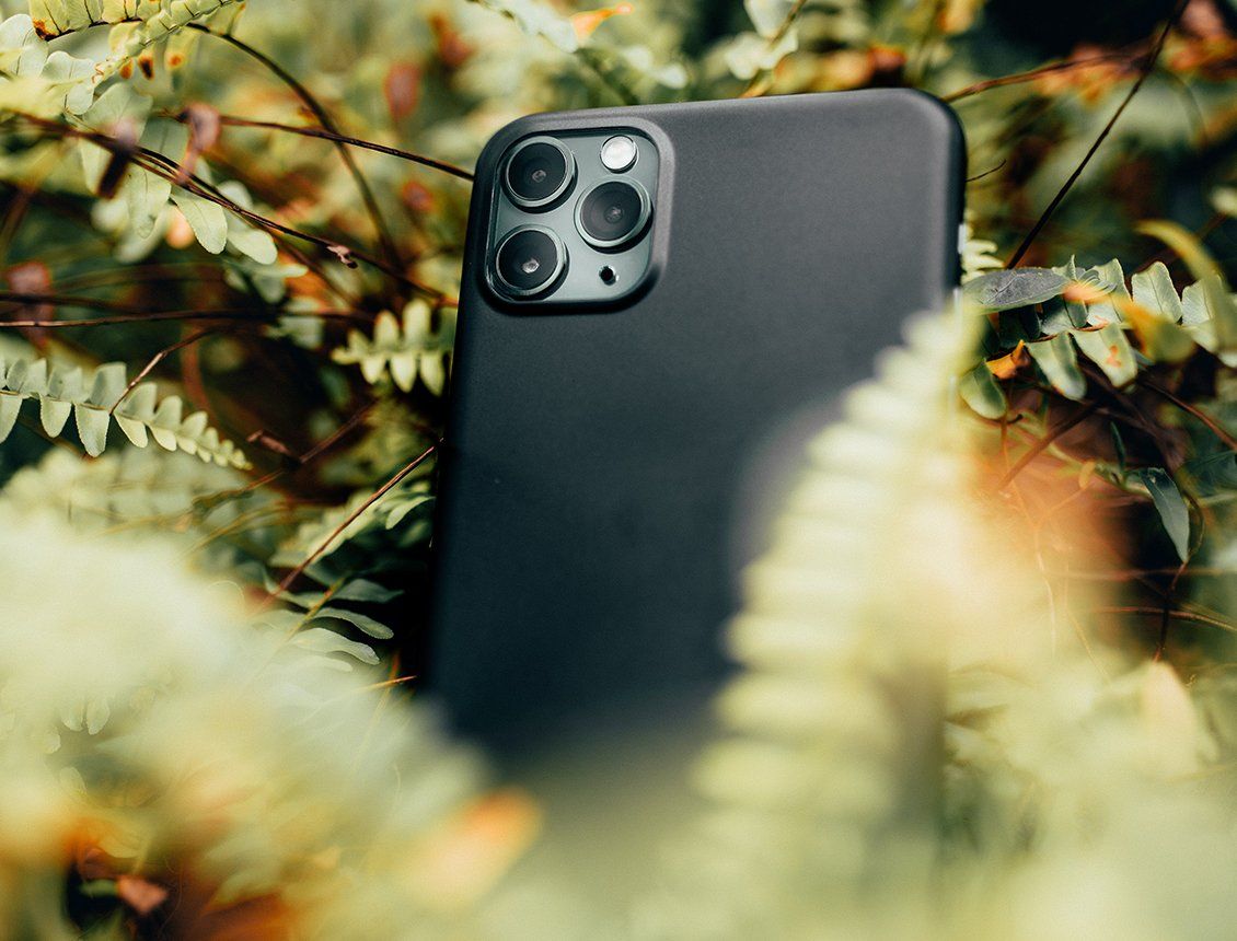 Close up of iPhone in forest A black cell phone is sitting in a bush.