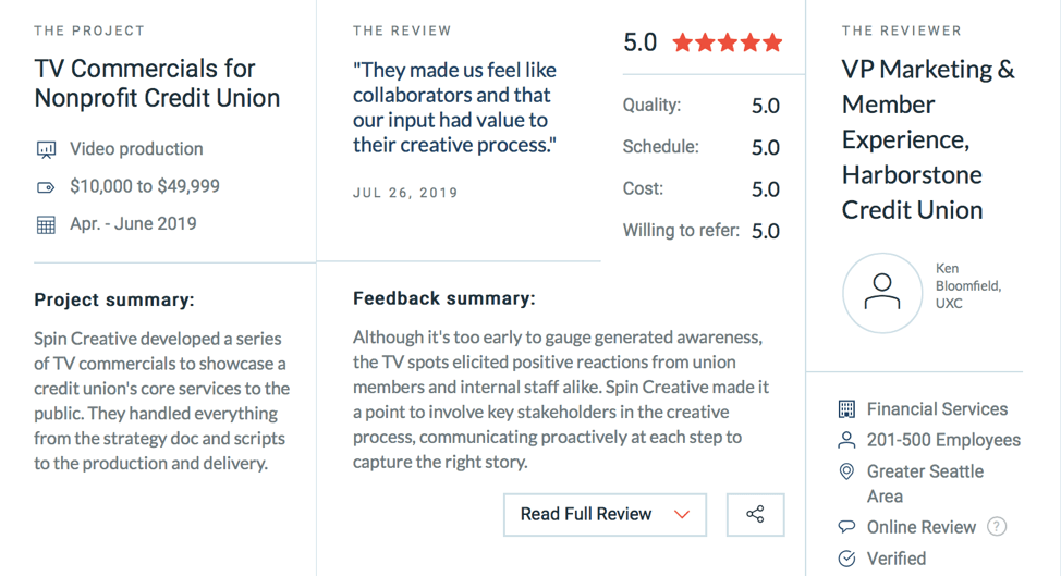 Clutch client reviews for Spin Creative a video production company and creative branding agency in Seattle, London and San Francisco