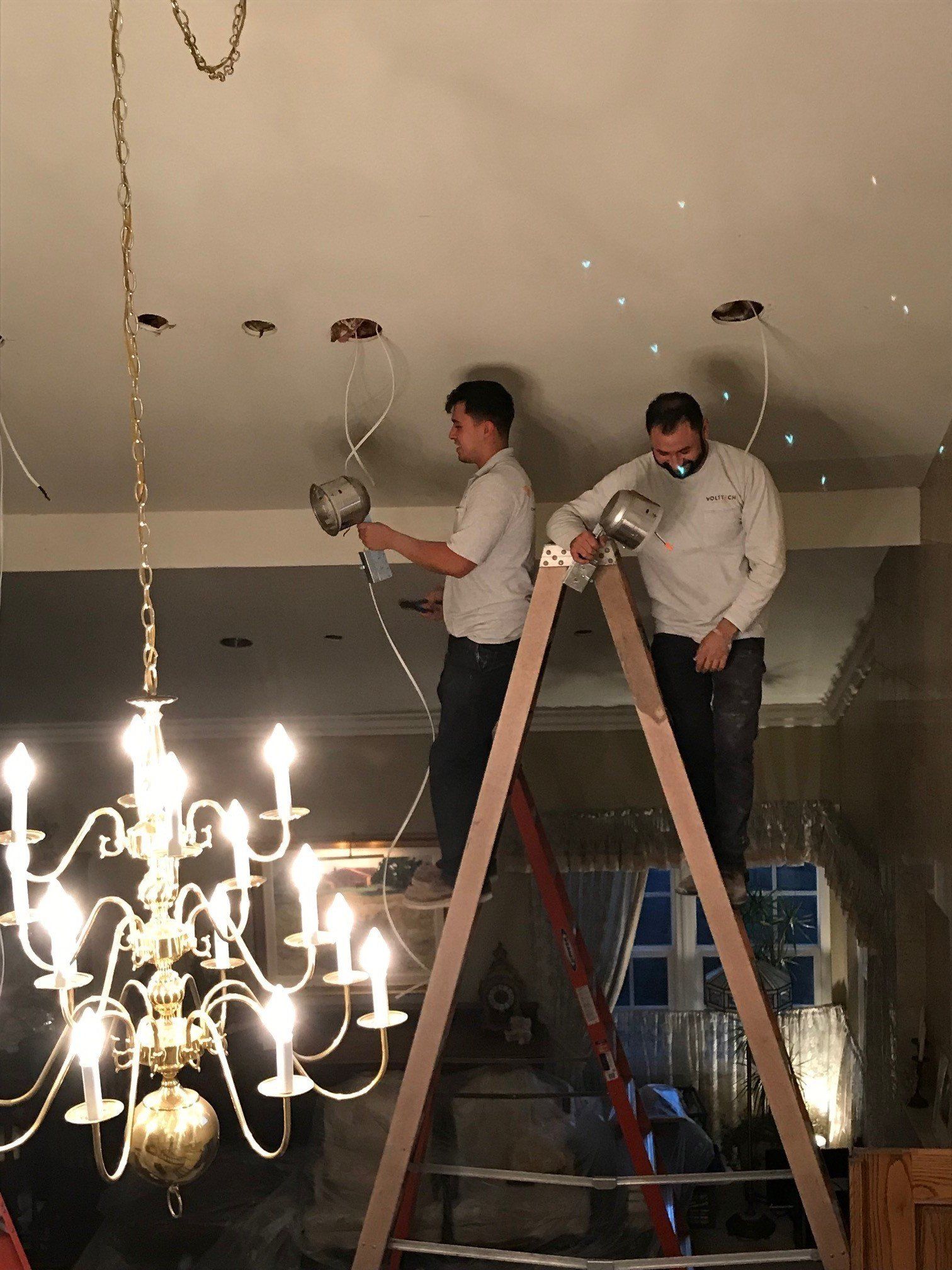 Electricians Setting-up Lighting Wire — Riverside, CA — Volt Tech Electric