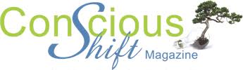 A logo for conscious shift magazine with a bonsai tree