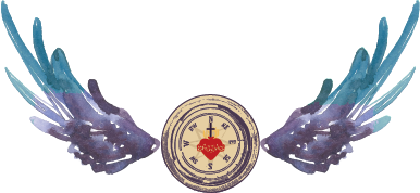 A clock with wings and a heart on it