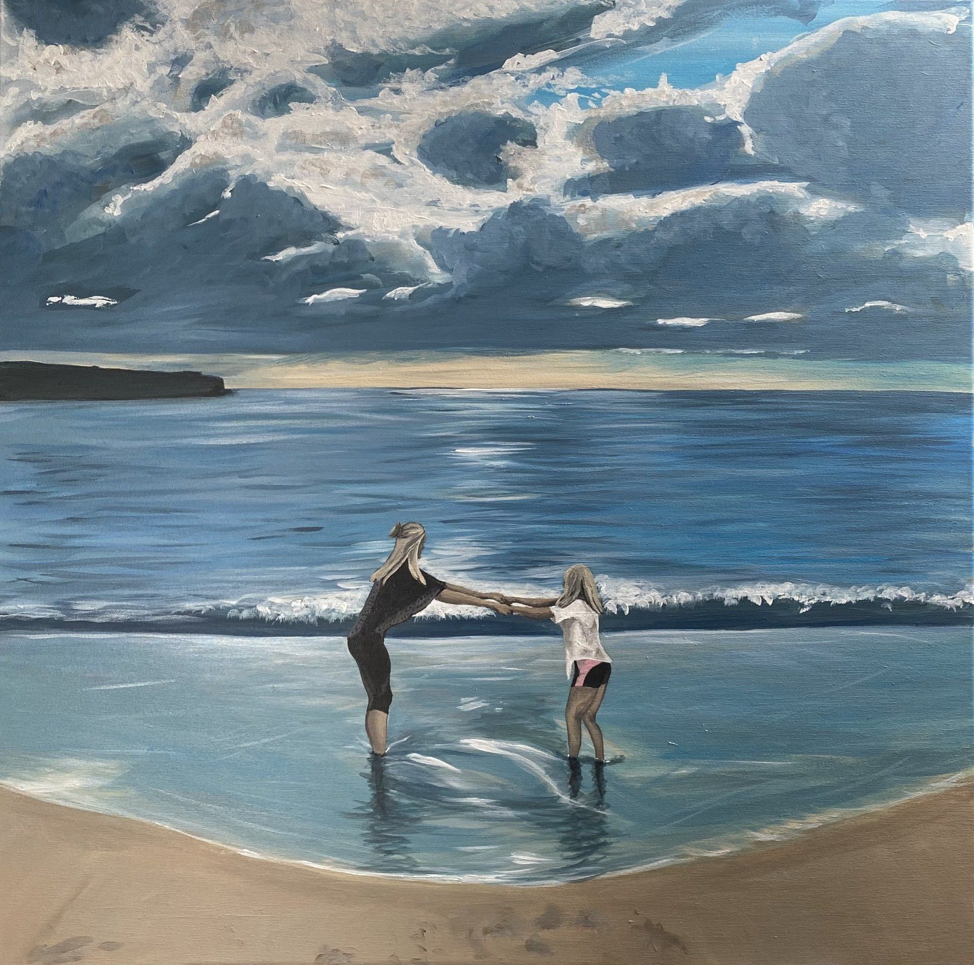 Beach painting, girls on the beach, orkney