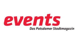 A red and white logo for events das potsdamer stadtmagazin