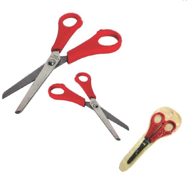 Red-handled scissors in three sizes on a white background, plus a small beige pouch.