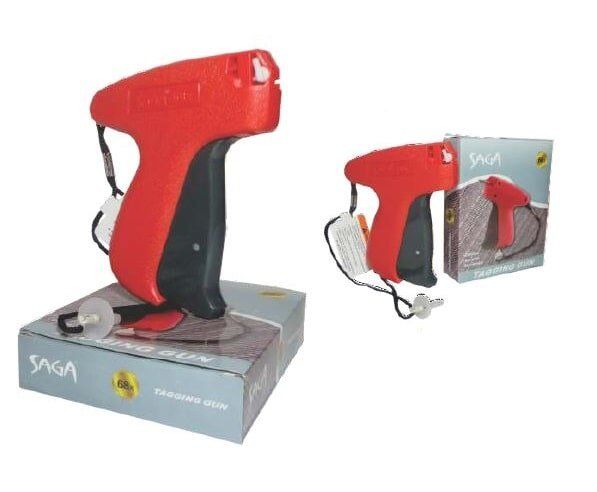 Red handheld vacuum cleaner on product box, shown large with a smaller box view beside it.