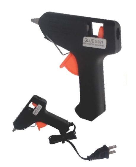 Black and orange hot glue gun with cord, shown large and small on a white background