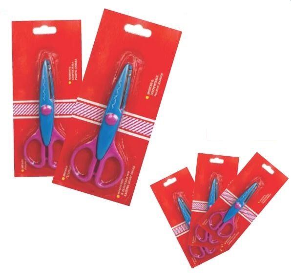 Red and blue scissors in retail packaging, shown in two sizes.