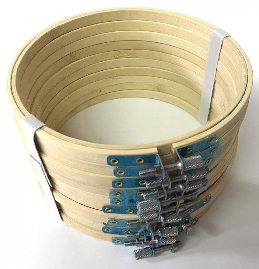 Stack of nested light wood buckets with blue metal latches and white straps
