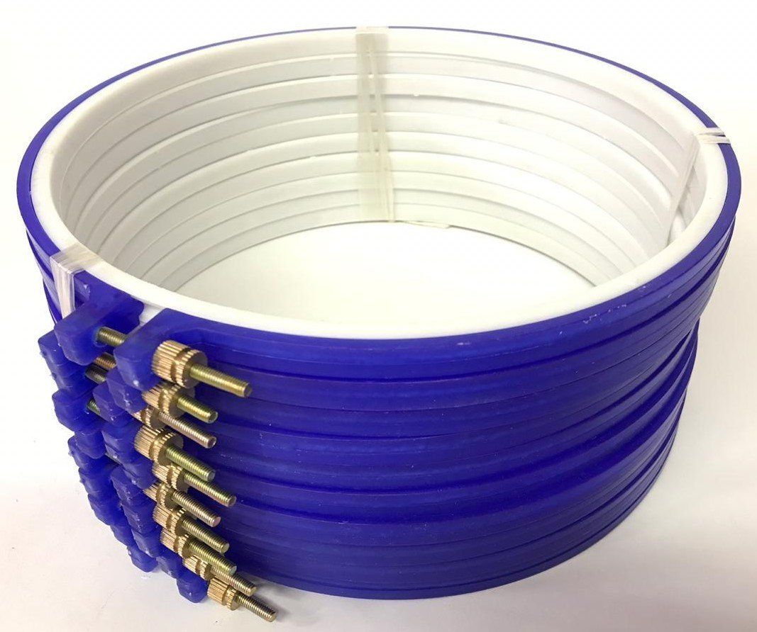 Coiled blue and white cable with metal connectors on a white background