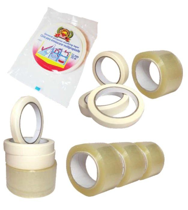 Assorted clear packing tape rolls and a plastic-wrapped tape package on a white background