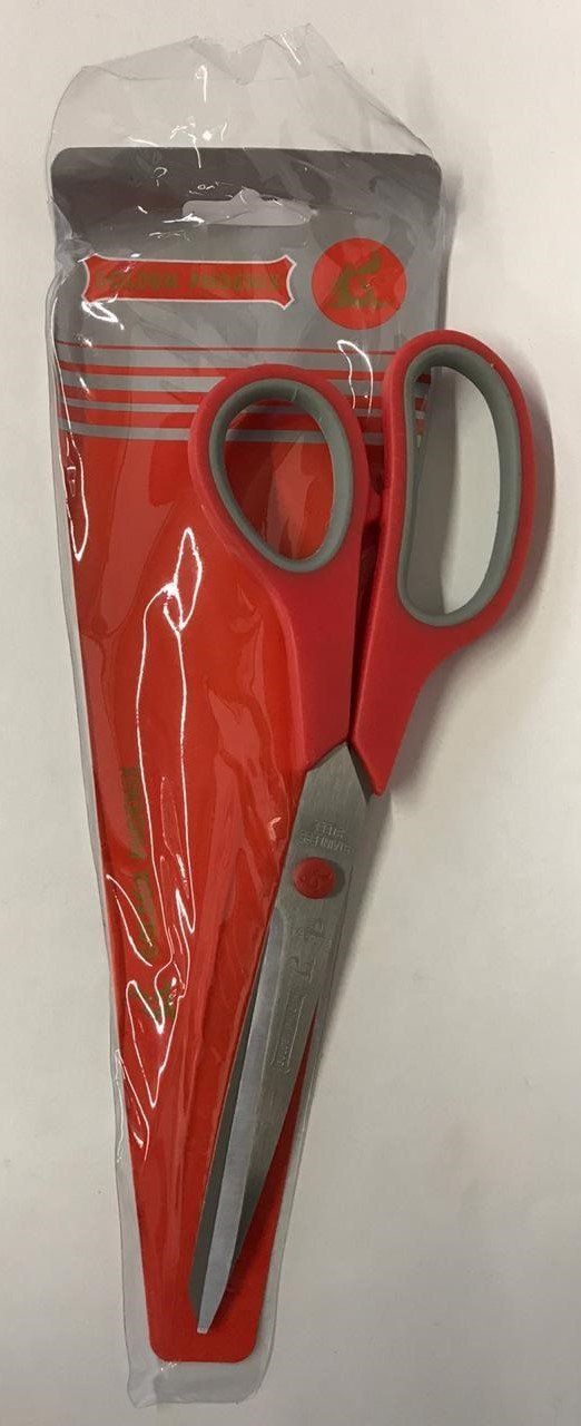 Red-handled metal kitchen scissors in clear plastic packaging.