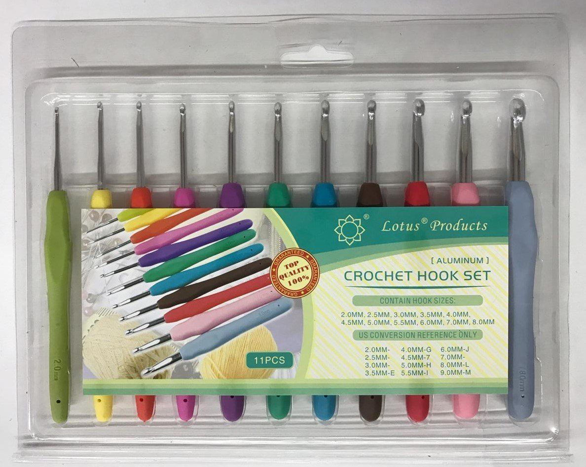 Crochet hook set in clear plastic case, with colorful handles and sizes labeled on package.