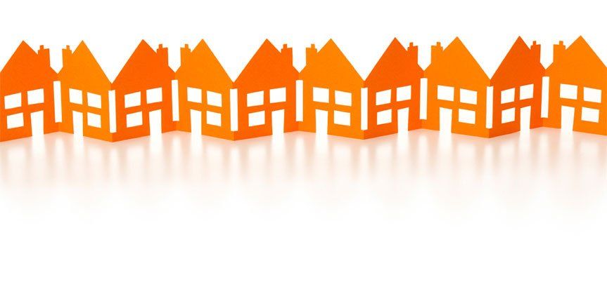 A row of orange houses on a white background
