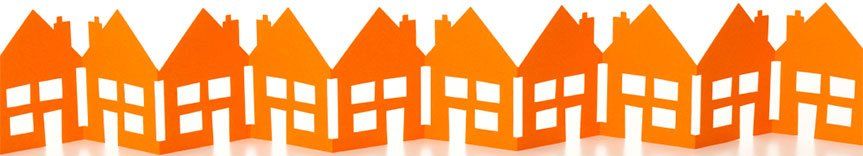 A row of orange houses with white windows on a white background.