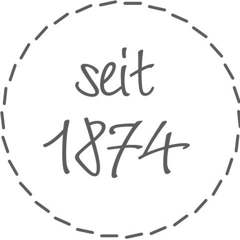 Kreis mit gestrichelter Umrandung, handschriftlich „seit 1874“ als Hinweis auf das Gründungsjahr einer Einrichtung.