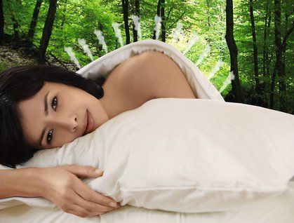 Frau entspannt im Bett vor der Kulisse eines Waldes. Sie lächelt, teilweise von einer weißen Decke und einem Kissen bedeckt.