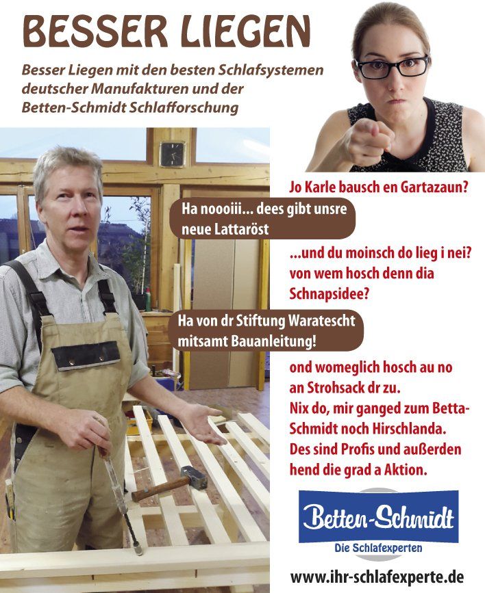 Werbung: Mann baut Bettgestell, Frau zeigt und spricht. 