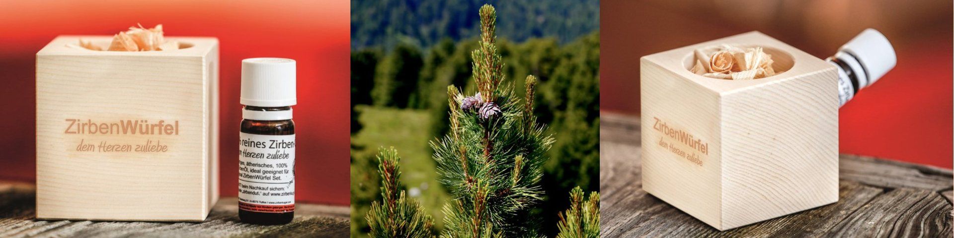 Produkte, wahrscheinlich im Zusammenhang mit Aromatherapie, neben einer Aufnahme eines Baumes.