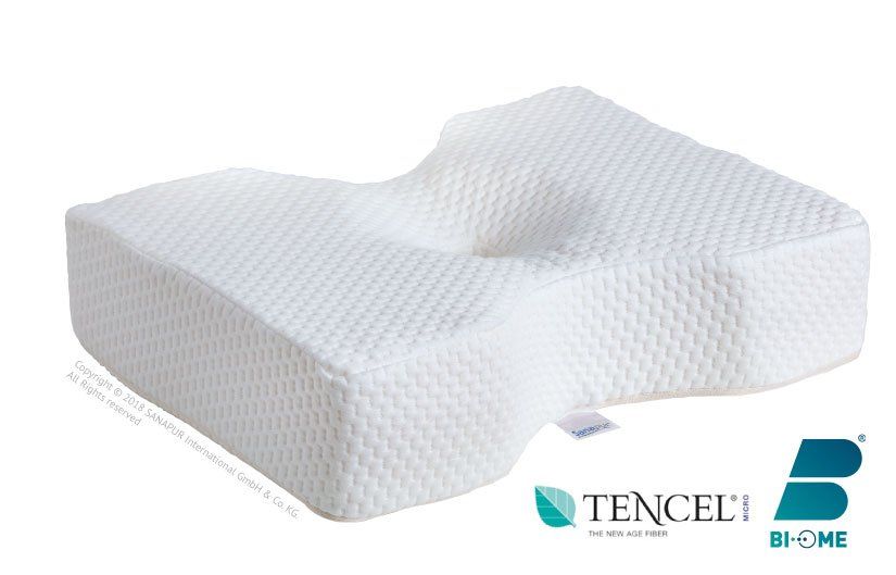 Weißes orthopädisches Kissen mit konturierter Form, Markennamen TENCEL und Bi-OME.