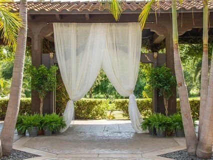 A white curtain is hanging from a pergola surrounded by palm trees.