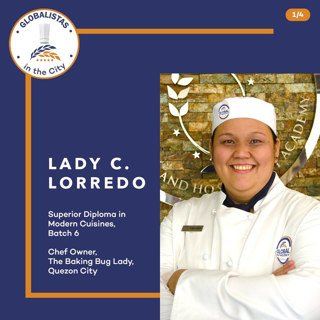 Lady C. Lorreo in chef uniform, smiling beside text on a blue promotional poster.