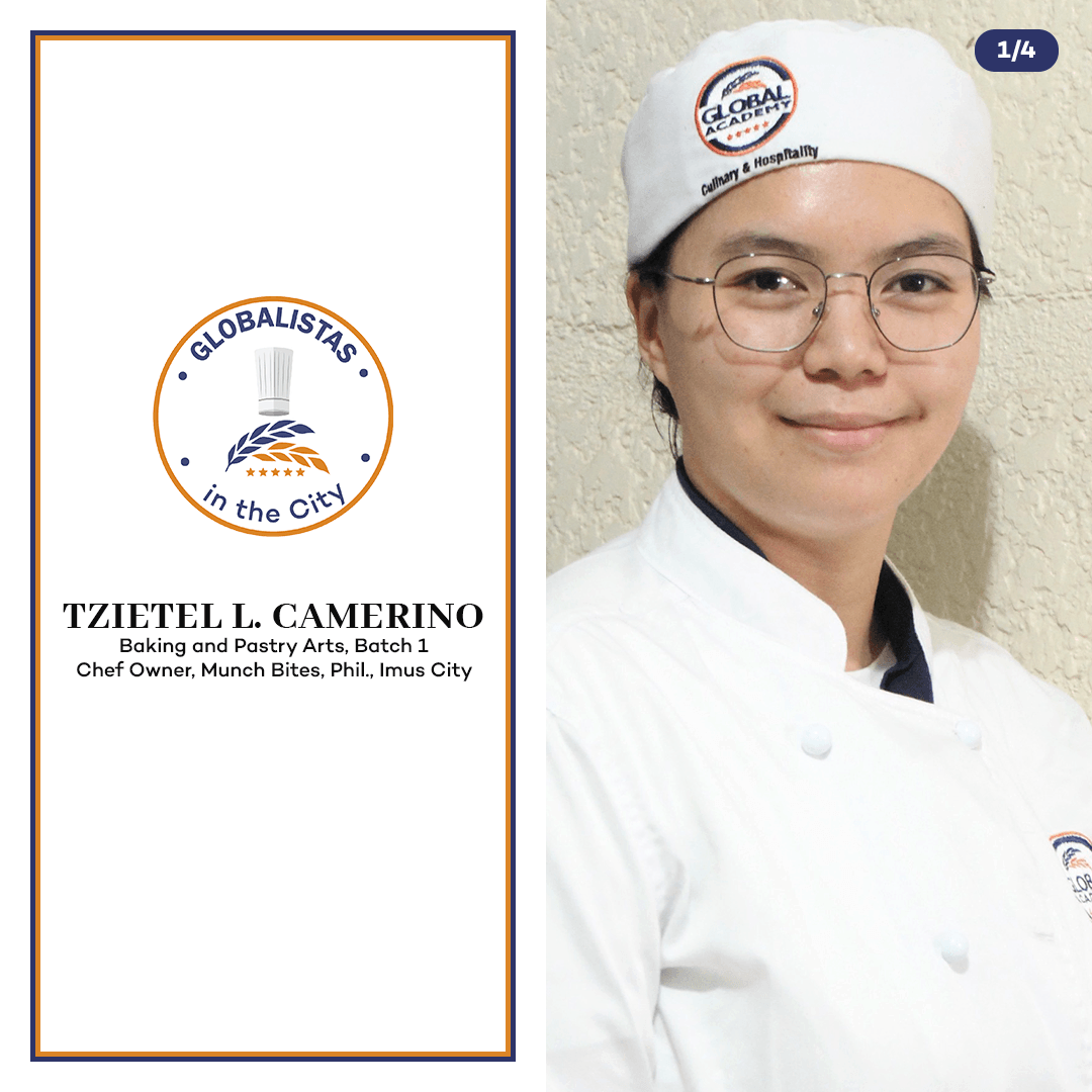 Chef portrait beside title card with blue-orange logo and text on white background